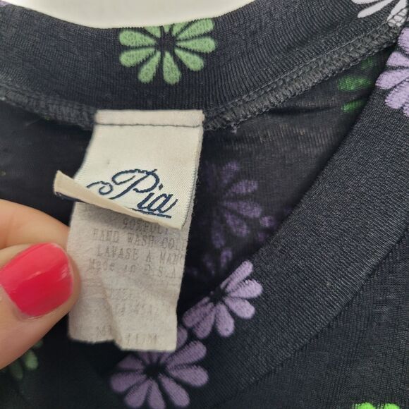 Vintage 90s Pia 70s vibe flower print short sleeve stretch quirky top size med - Picture 3 of 7